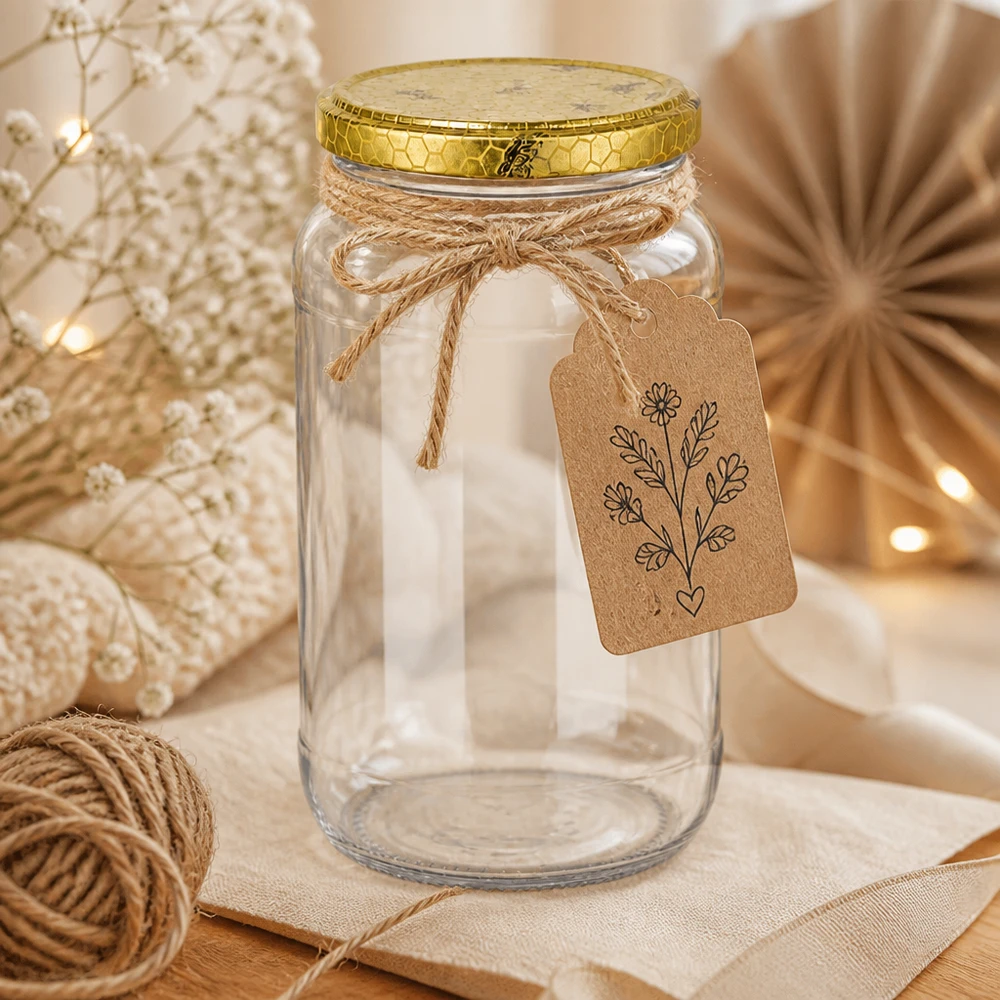 1062ml Verre rond avec couvercle BasicSeal nid d'abeilles UNiTWIST 1062ml verre rond vide avec couvercle en nid d'abeille doré et étiquette cadeau décoration rustique fil de bricolage