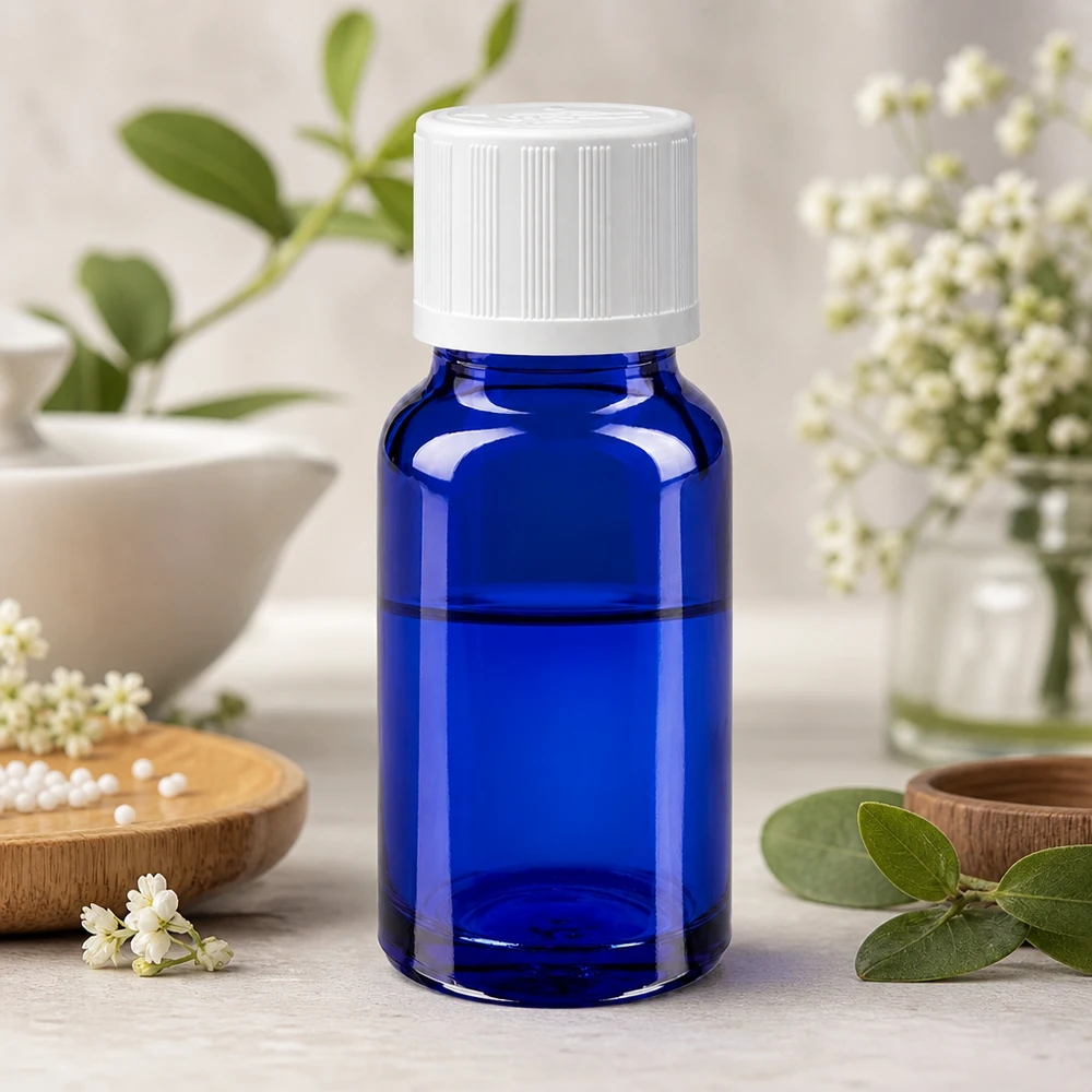 Flacon compte-gouttes bleu de 10 ml muni d'un bouchon de sécurité blanc pour enfants, au milieu de plantes aromatiques et de fleurs