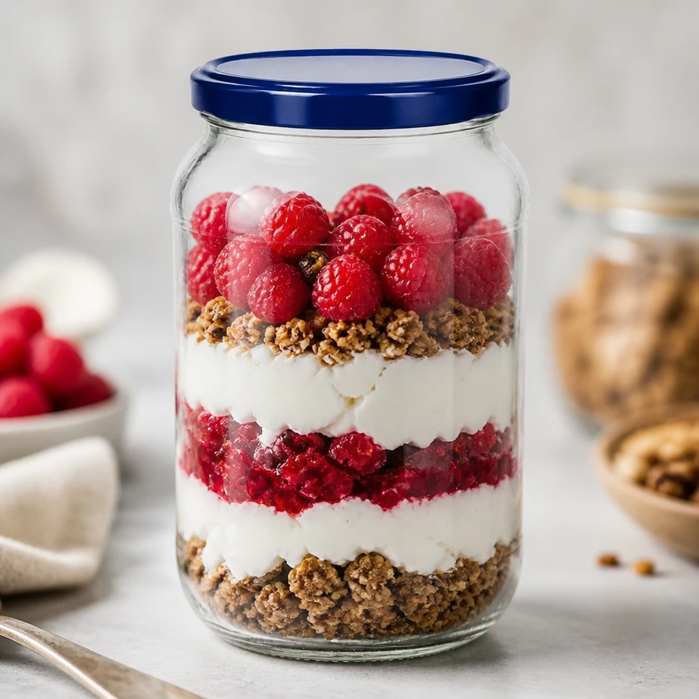 1062ml Verre rond avec couvercle BasicSeal bleu UNiTWIST 1062ml Verre rond BasicSeal Couvercle bleu UNiTWIST Dessert Parfait Dessert stratifié Yaourt Baies Granola Dessert
