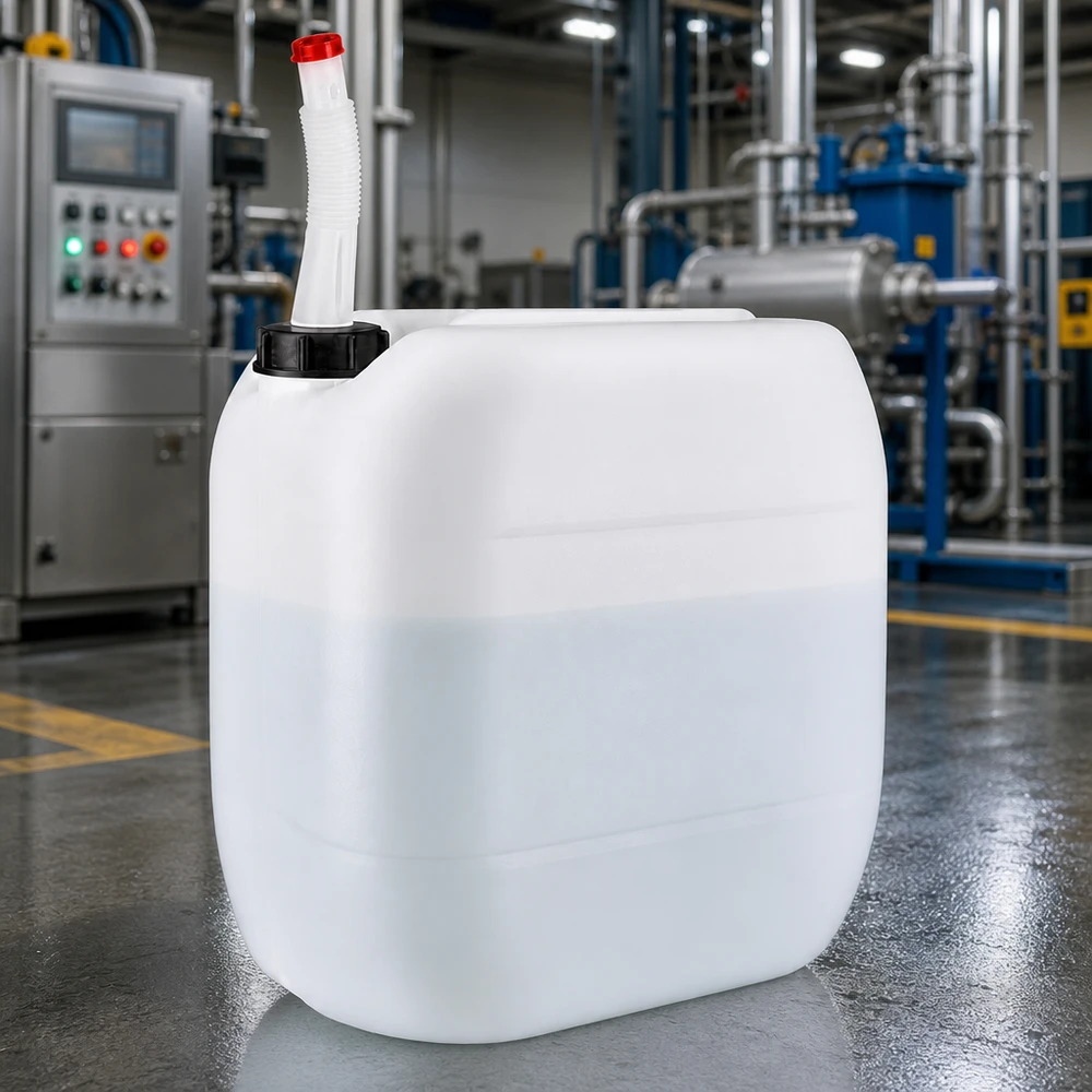 Bidon industriel de 30 litres équipé d'un bec verseur flexible, utilisé devant une ligne de production