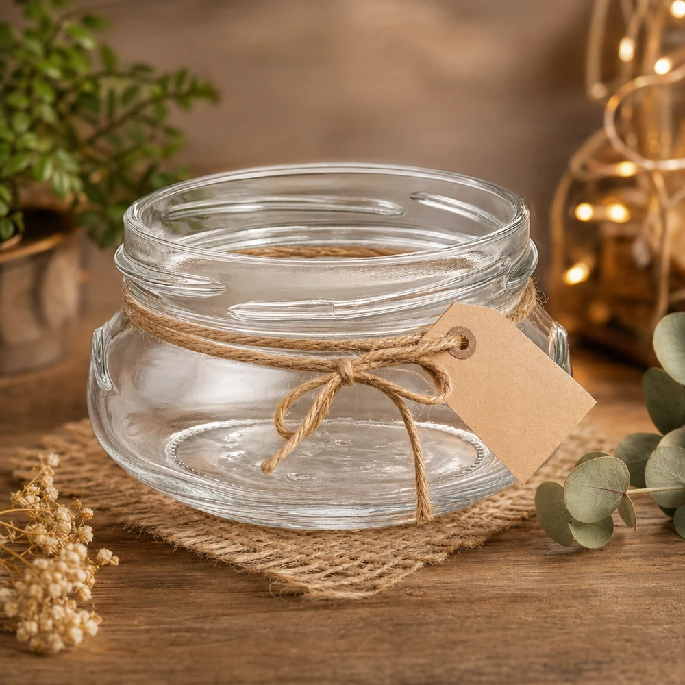 UNiTWIST Terrina120 Pot de conservation 120ml TO70 avec ficelle de jute et étiquette sur table en bois décorée de manière rustique