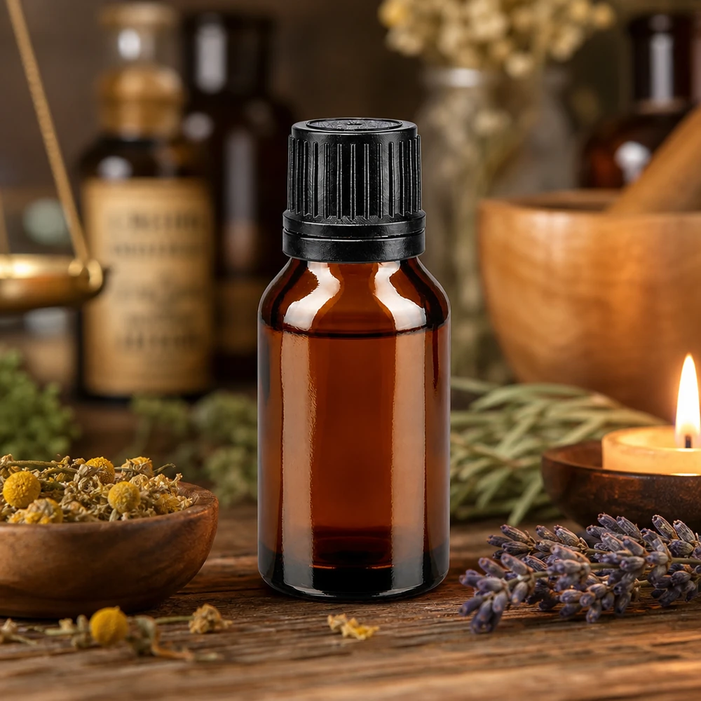 Flacon de pharmacie brun 15ml bouchon compte-gouttes 1mm noir bouchon inviolabilité Flacon de pharmacie brun de 15 ml avec bouchon à vis noir et compte-gouttes, à côté d'herbes et d'une bougie
