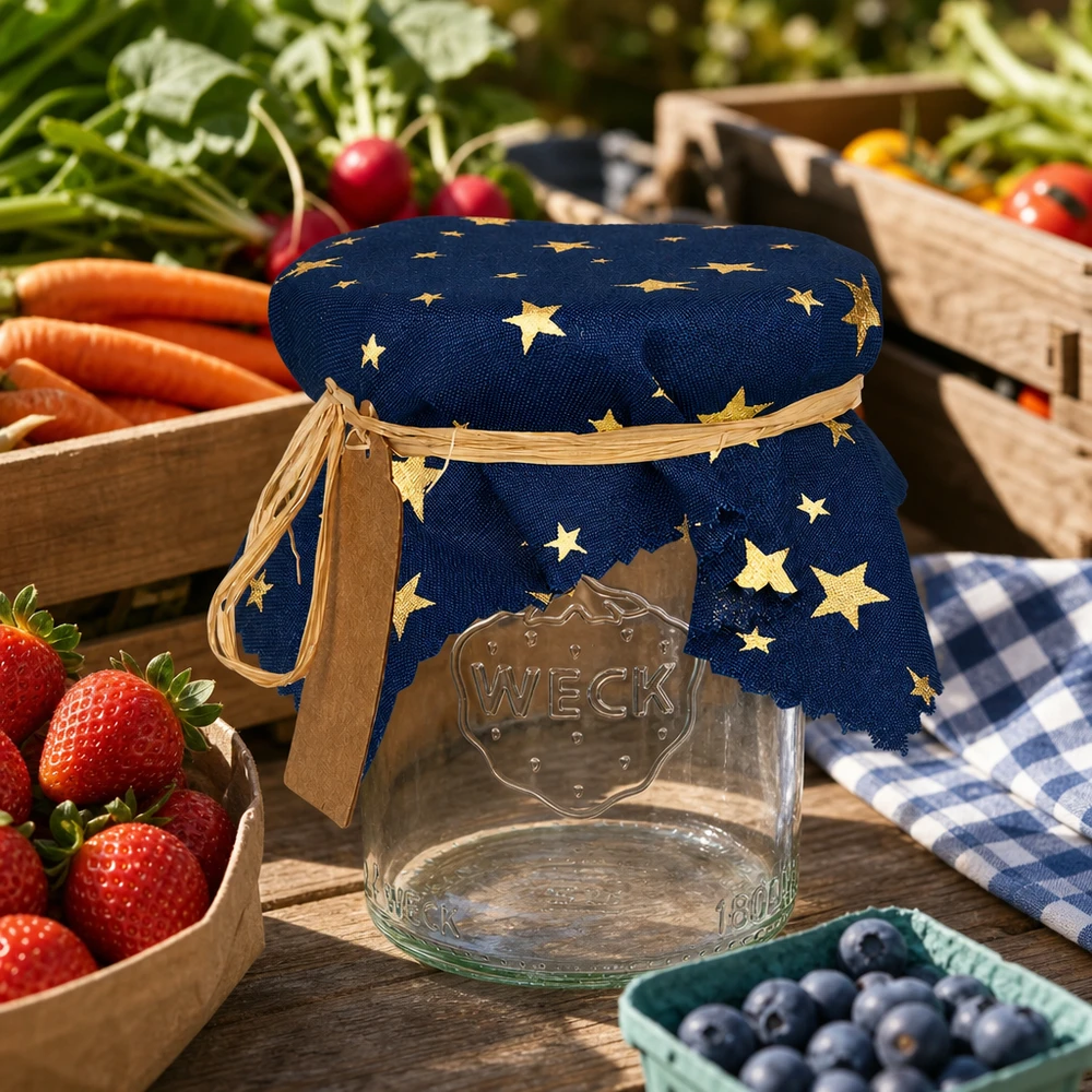Couvercle bleu avec étoiles dorées sur bocal entouré de fruits et légumes frais 15cm carré