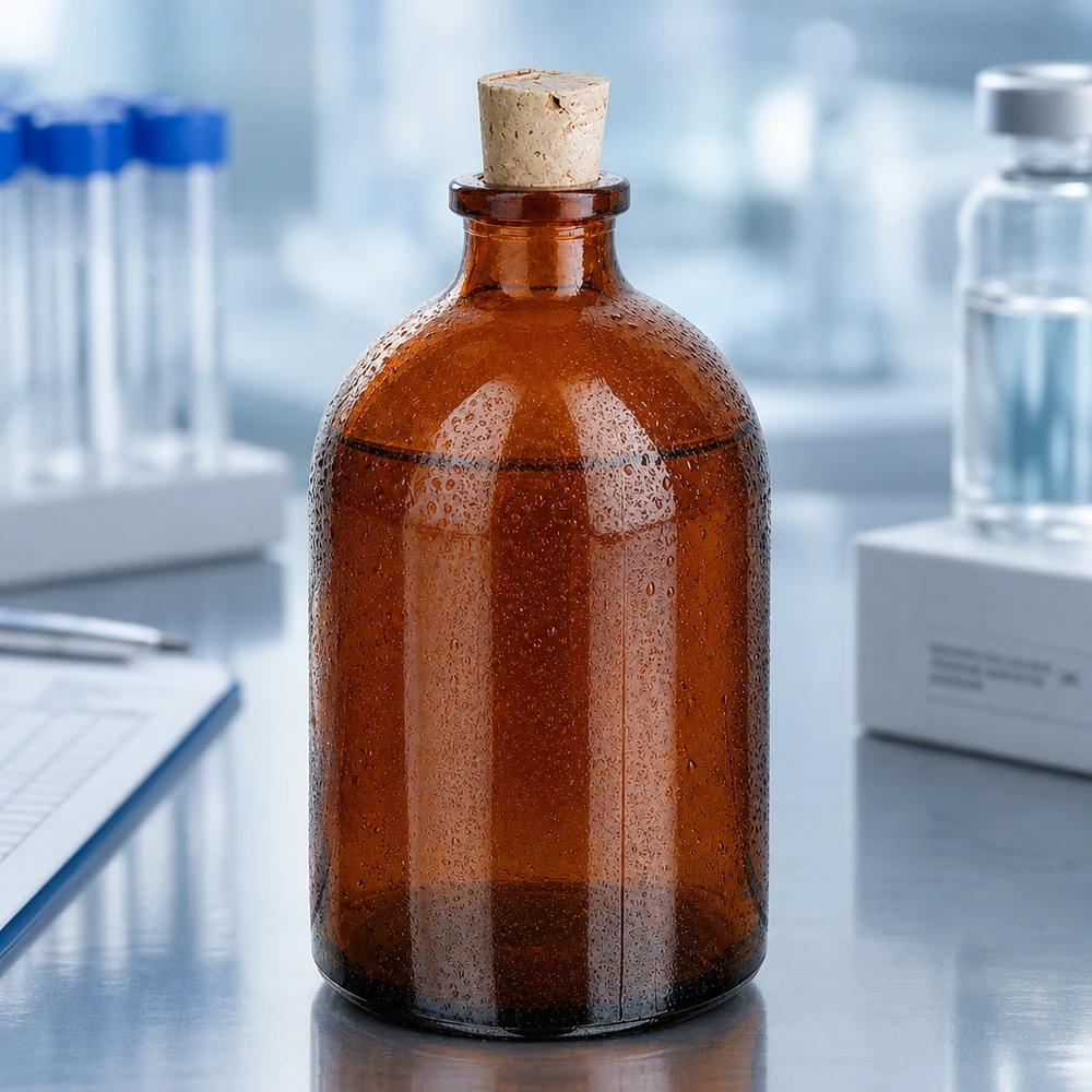 Robuste Reagenzflasche 100ml aus braunem Borosilikatglas mit traditionellem Korkstopfen