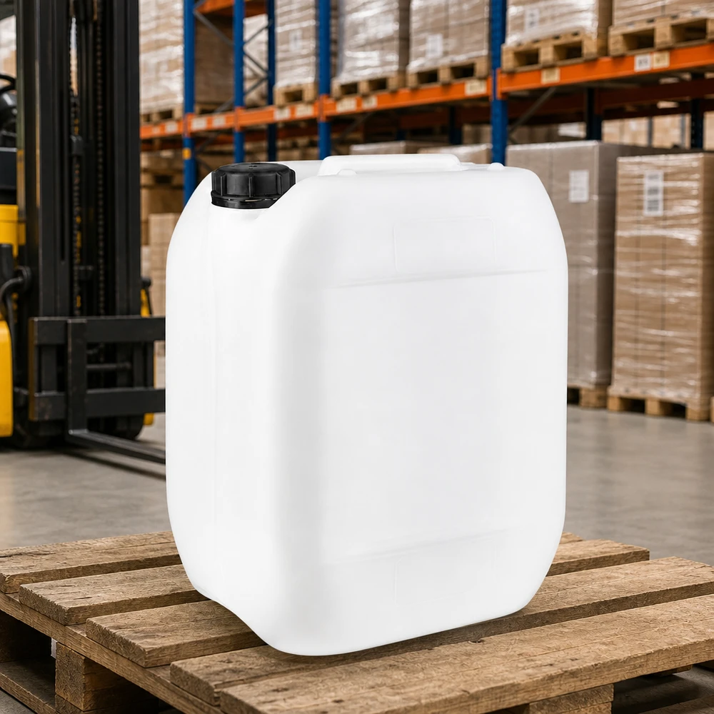 Bidon en plastique vide de 10 litres posé sur une palette en bois dans un entrepôt, avec un chariot élévateur en arrière-plan