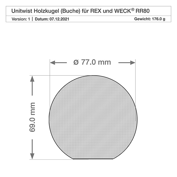 165ml bocal conique WECK RR80 avec boule en bois en hêtre Dessin technique de la sphère en hêtre pour le verre WECK RR80 avec les dimensions 77mm de diamètre et 69mm de hauteur