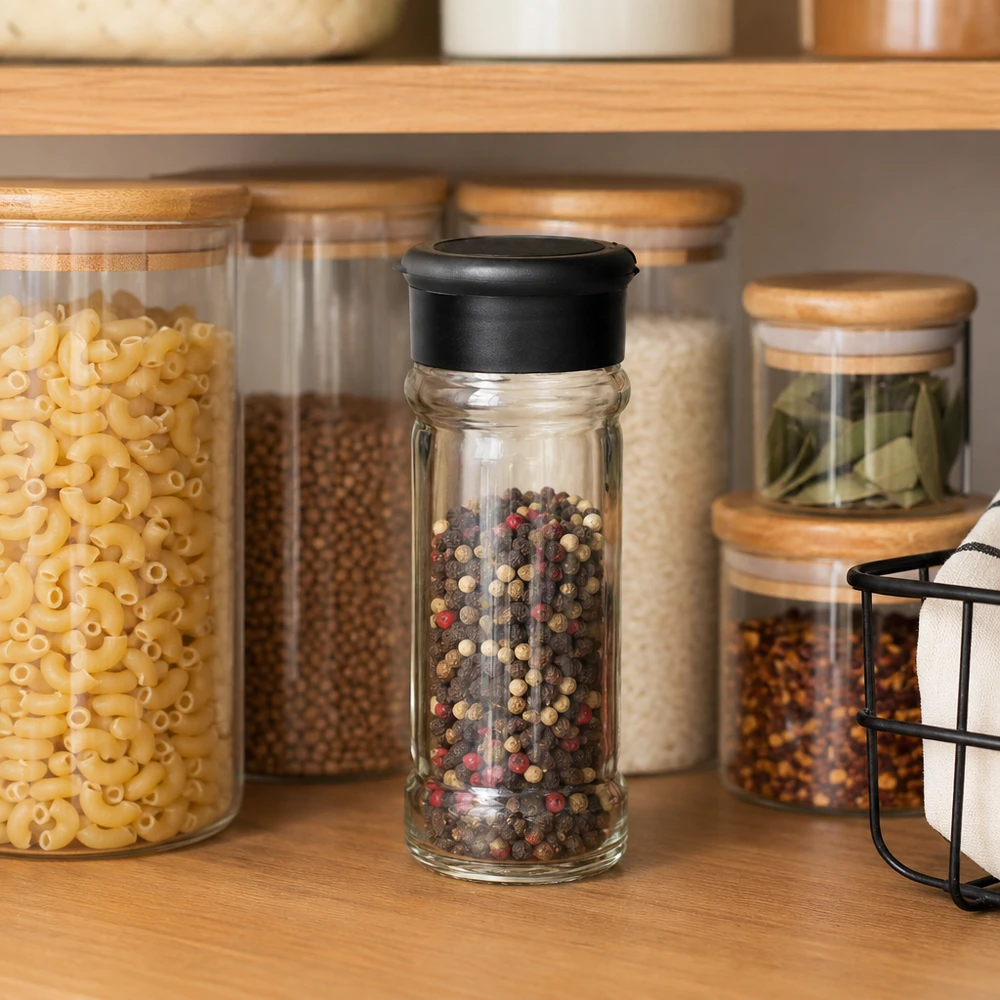Pot à sel/épices 100 ml avec saupoudreuse, noir Pot à épices de 100 ml contenant des grains de poivre multicolores et muni d'un saupoudreur noir, disponible chez Küchenpantry
