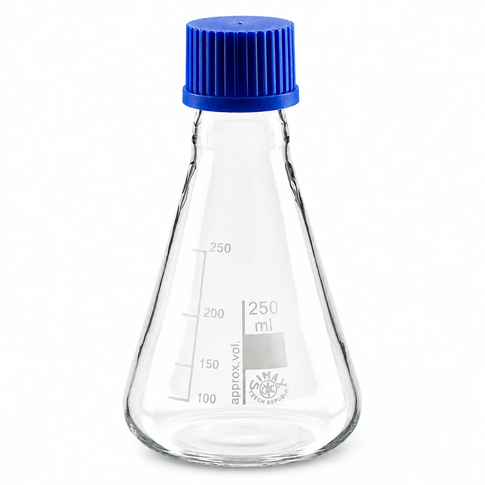 Fiole de laboratoire d'une capacité de 250 ml avec échelle de volume et couvercle bleu étanche