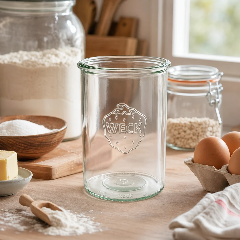 Bocal en verre WECK RR100 de 1 000 ml 1000ml WECK Pot renversé RR100 Pot de conservation en verre avec logo dans une cuisine rustique avec des ingrédients pour la pâtisserie et des œufs