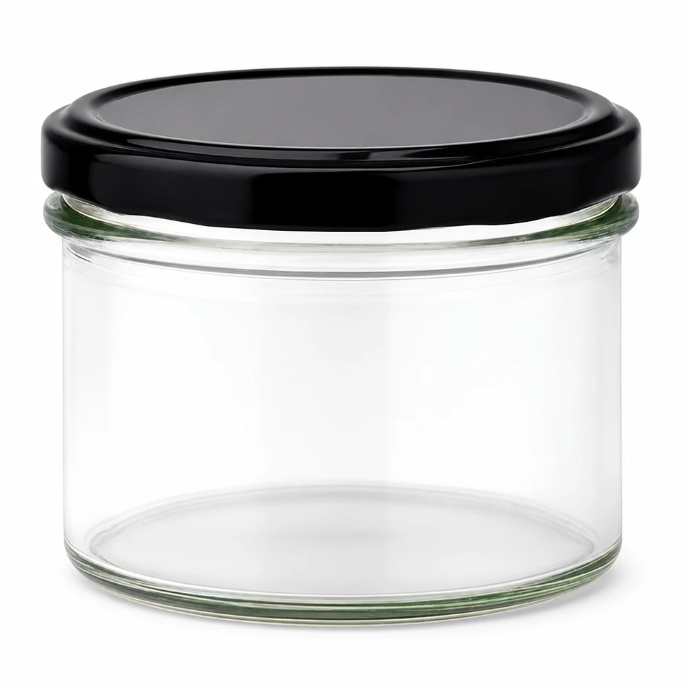 Pot de 225ml avec couvercle noir BasicSeal - bocal vide en verre clair pour conserves et confitures