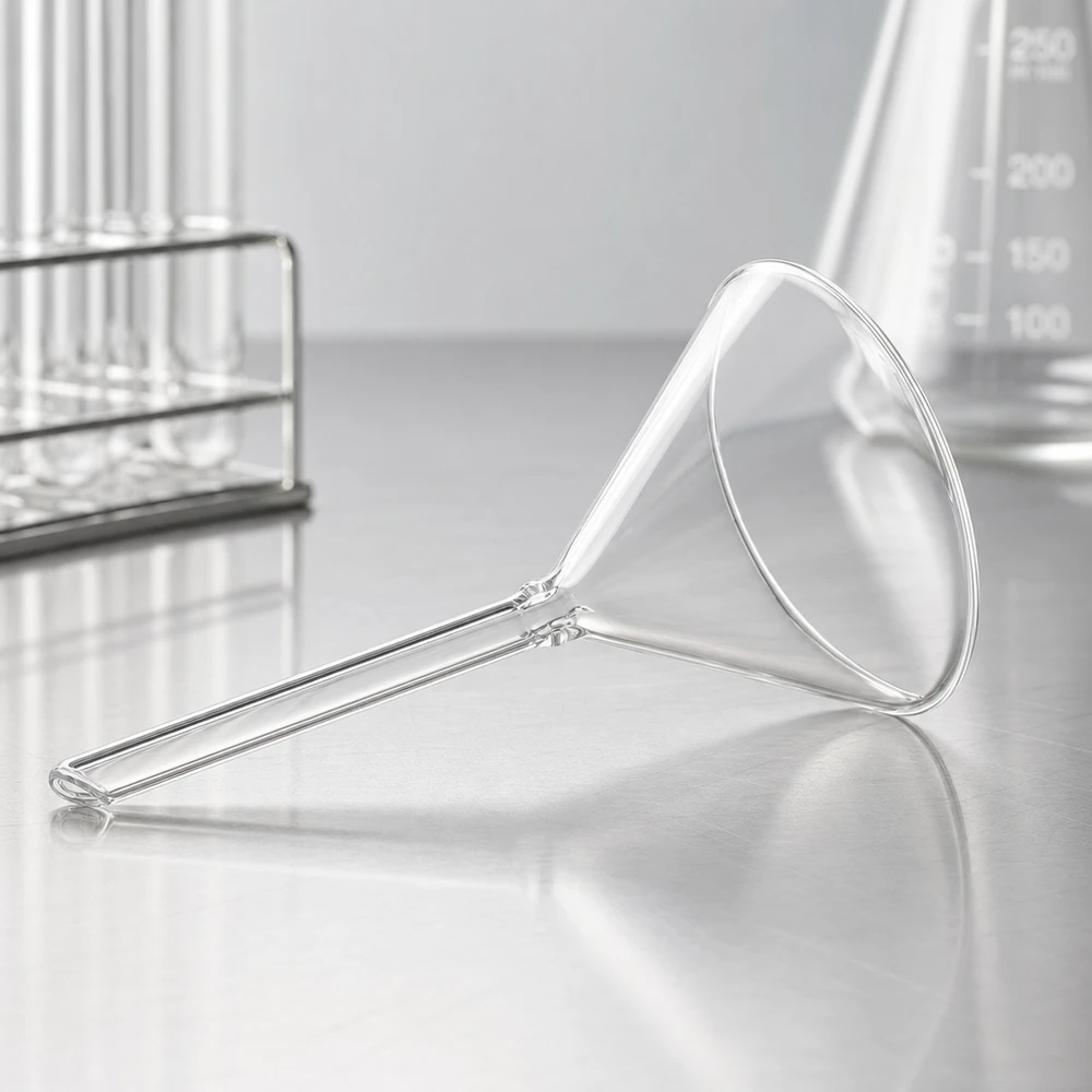 Entonnoir en verre à tige courte 70mm de diamètre transparent en verre sodocalcique pour laboratoire