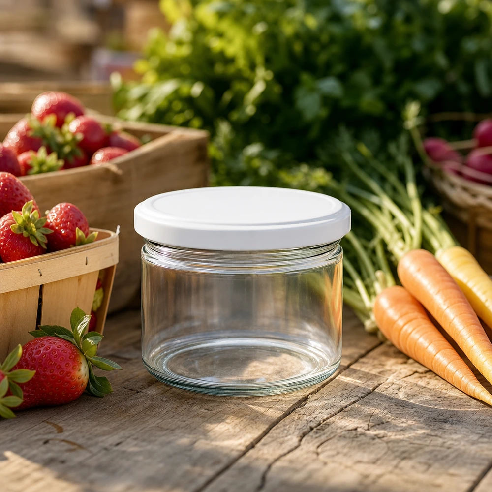 540ml Verre rond avec couvercle BasicSeal blanc UNiTWIST Bocal rond BasicSeal blanc de 540 ml sur table en bois avec des légumes frais - bocal de stockage idéal pour le marché et l'extérieur