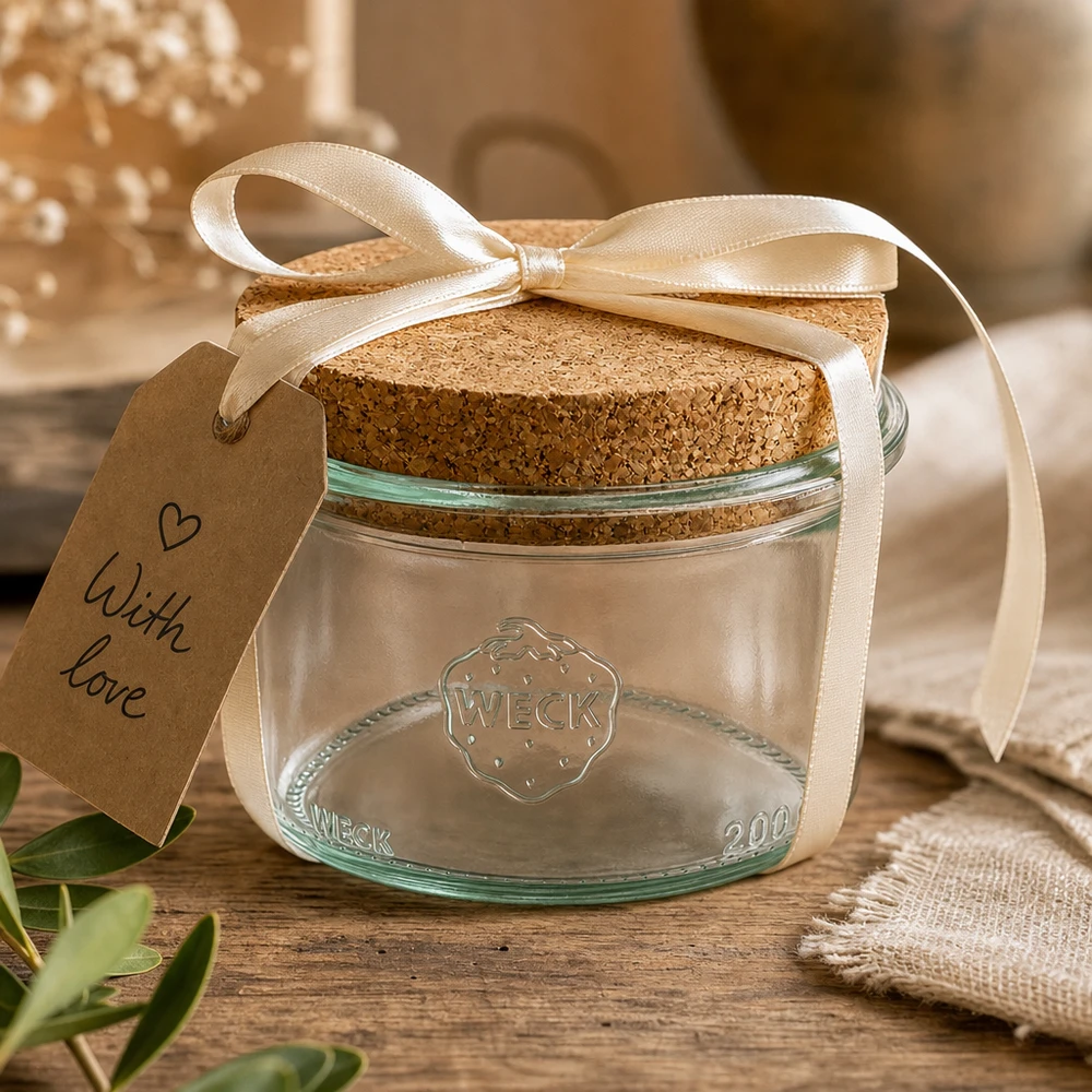 200ml bocal conique WECK RR80 avec bouchon nature WECK Verre renversé 200ml RR80 emballé de manière décorative avec ruban et étiquette With Love comme idée de cadeau