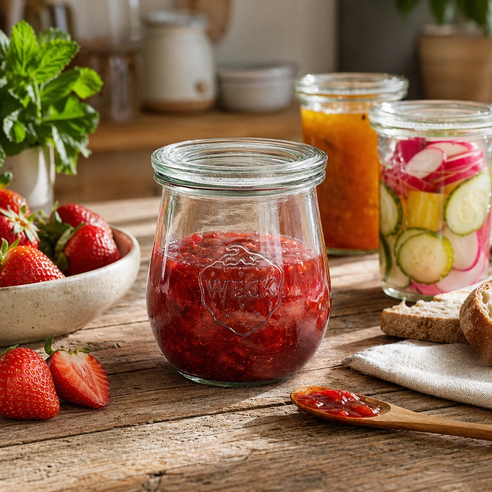 Bocal en forme de tulipe de 220 ml avec couvercle en verre WECK RR60 WECK Pot tulipe 220ml RR60 avec confiture de fraises dans une cuisine rustique avec d'autres bocaux et des ingrédients frais