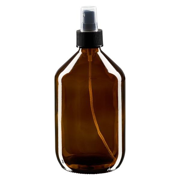 Flacon médical norme européenne de 500 ml avec spray noir GCMI 28/410 et couvercle transparent, standard Flacon médical norme européenne de 500 ml avec spray noir GCMI 28/410 et couvercle transparent, standard