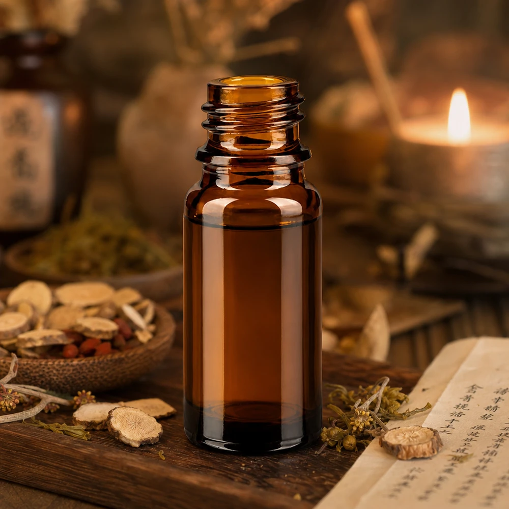 Flacon compte-gouttes 10 ml DIN18 - verre brun Bouteille de pharmacie brune de 10 ml ApoGlas avec des herbes médicinales asiatiques et une lumière de bougie dans une atmosphère traditionnelle de MTC