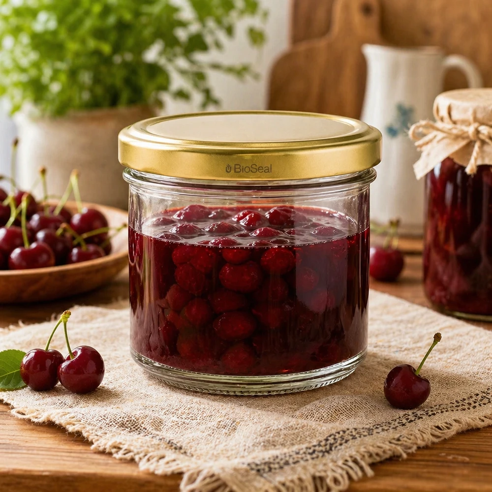 UNiTWIST Pot renversé 125ml avec confiture de cerises - couvercle TO66 BioSeal doré dans une cuisine rustique avec des cerises fraîches