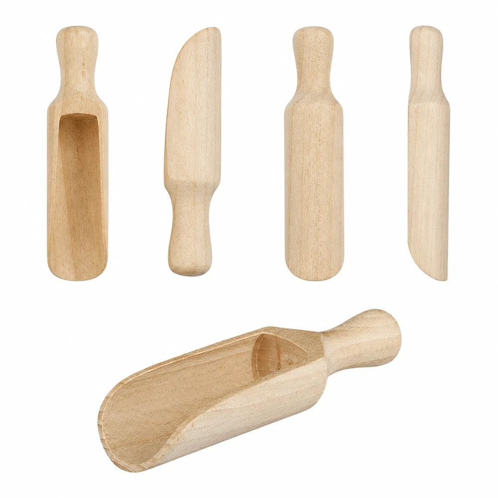 Pelle en bois taille M forme semi-circulaire - 140mm de long Comparaison des pelles en bois de différentes tailles et formes en bois naturel avec une pelle demi-ronde de 14 cm
