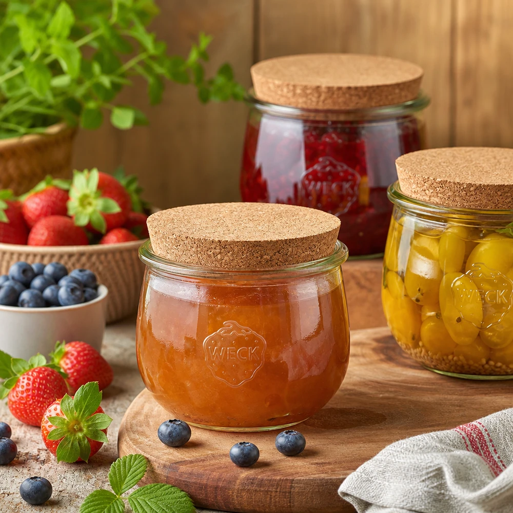 WECK Pots tulipes avec couvercle en liège remplis de confiture et de légumes marinés à côté de baies fraîches