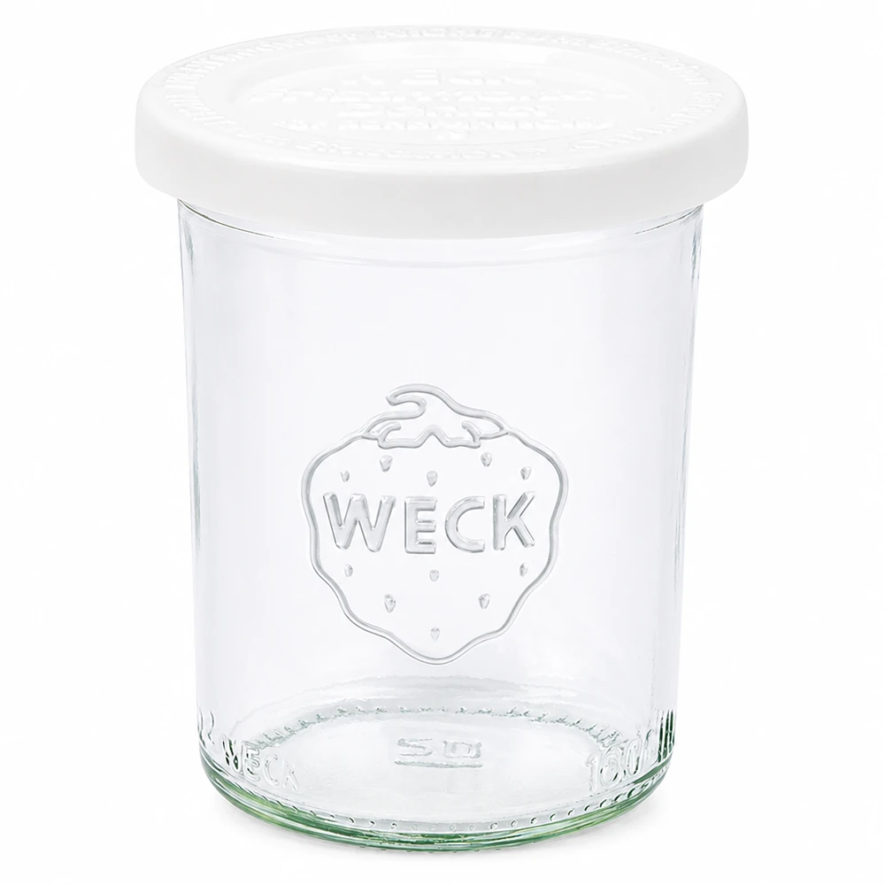 Bocal en verre de 160 ml avec couvercle hermétique WECK RR60 WECK Pot de 160ml avec couvercle blanc RR60 - Pot de conservation en verre transparent avec logo WECK