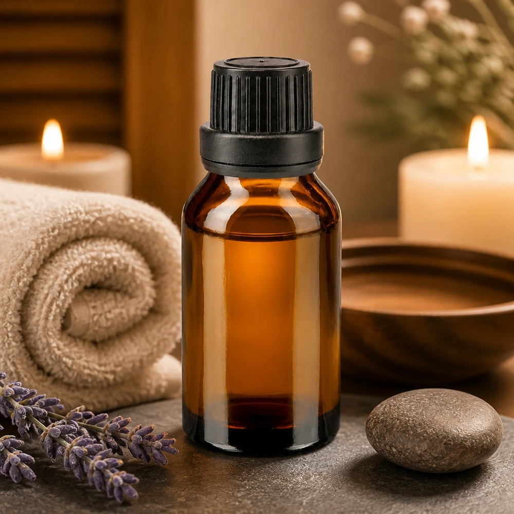Flacon en verre brun de 15 ml muni d'un bouchon de sécurité noir pour enfants, à côté de brins de lavande et de bougies