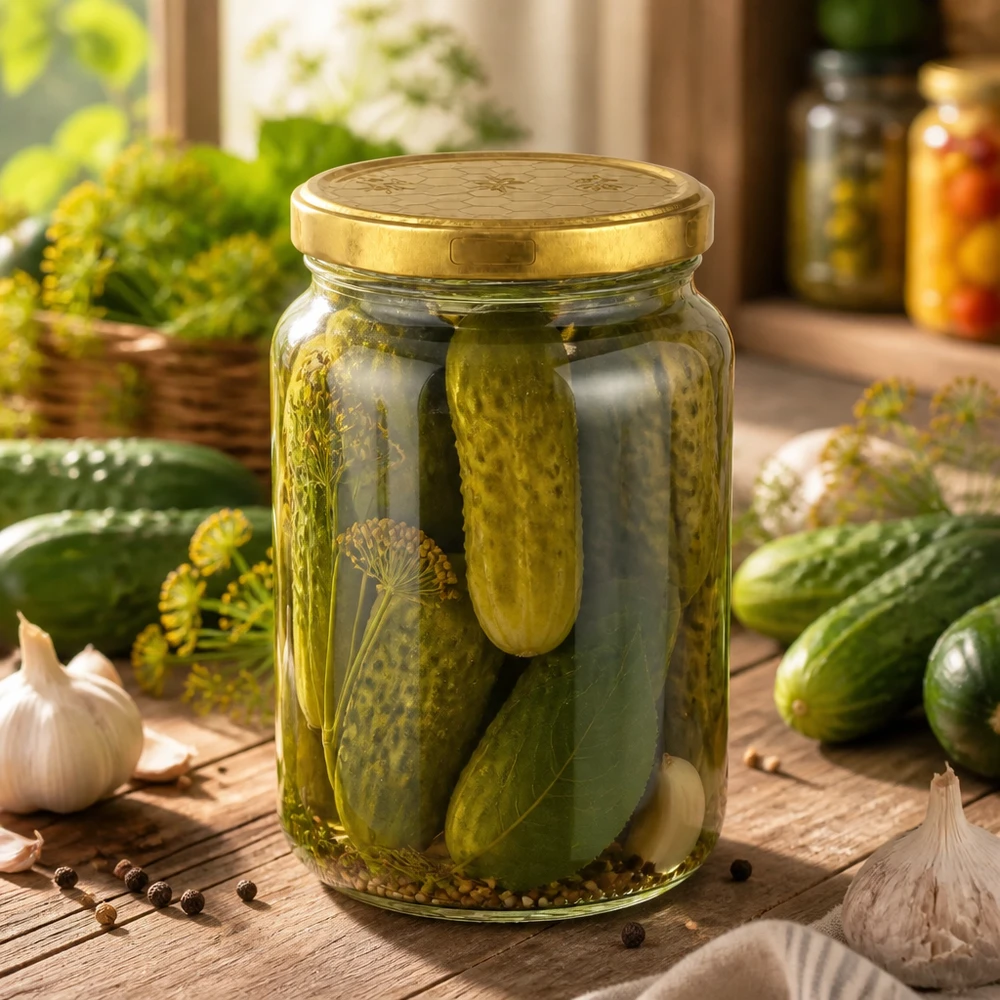 Pot de conserve 795ml avec couvercle doré rempli de cornichons marinés et d'aneth sur table en bois