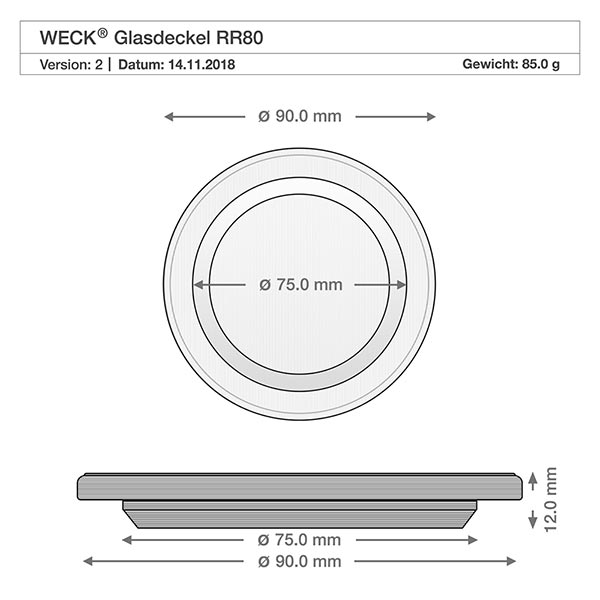 WECK couvercle en verre RR80 dessin technique avec dimensions 90mm diamètre extérieur 75mm diamètre intérieur pour verre cylindrique 1040ml