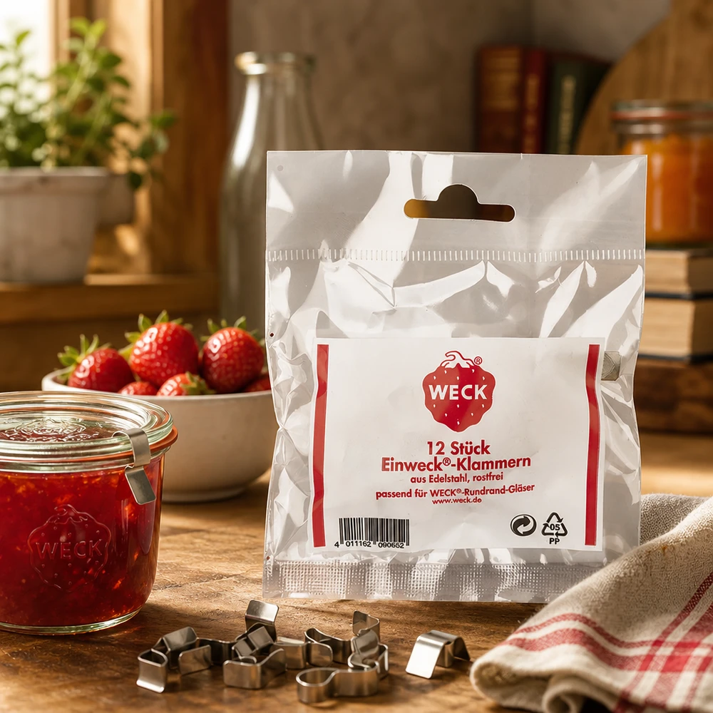 12x attache pour conserve WECK WECK Pinces originales Set de 12 pièces sur table en bois avec bocal de confiture de fraises Cuisine Lifestyle Scène