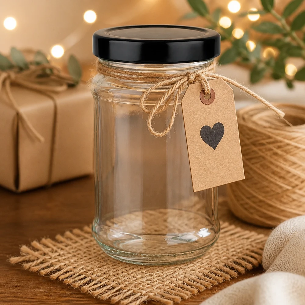 390ml Verre rond avec couvercle BasicSeal noir UNiTWIST Verre rond de 390 ml avec couvercle noir UNiTWIST comme idée de cadeau avec un pendentif en forme de cœur dans une agréable décoration de Noël