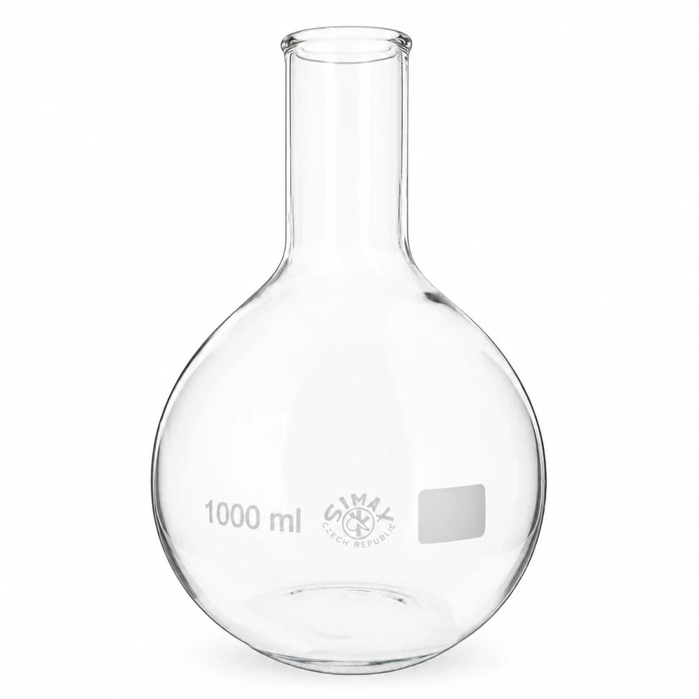 Ballon à fond plat 1000 ml à col étroit, en verre borosilicate avec bord renforcé Flacon transparent 1000ml à col étroit - verre de laboratoire robuste pour les travaux scientifiques