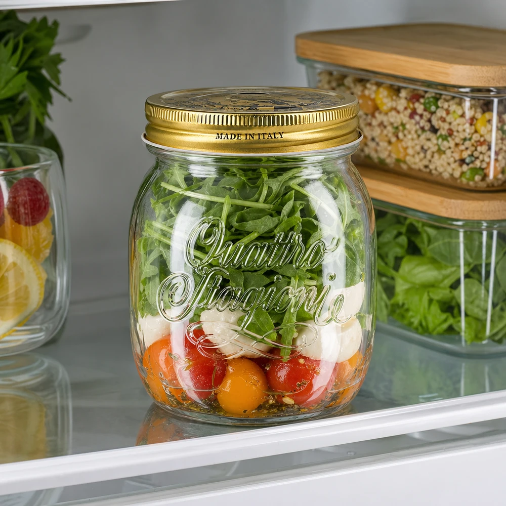Quattro Stagioni 700ml bocal rempli de salade dans le réfrigérateur bocal italien pour Meal Prep et ingrédients frais