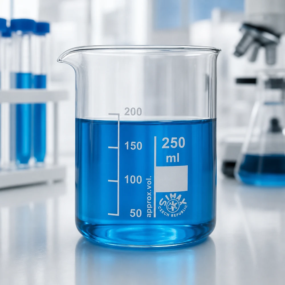 Gobelet en verre borosilicaté 250ml avec liquide bleu et repères de volume clairement visibles