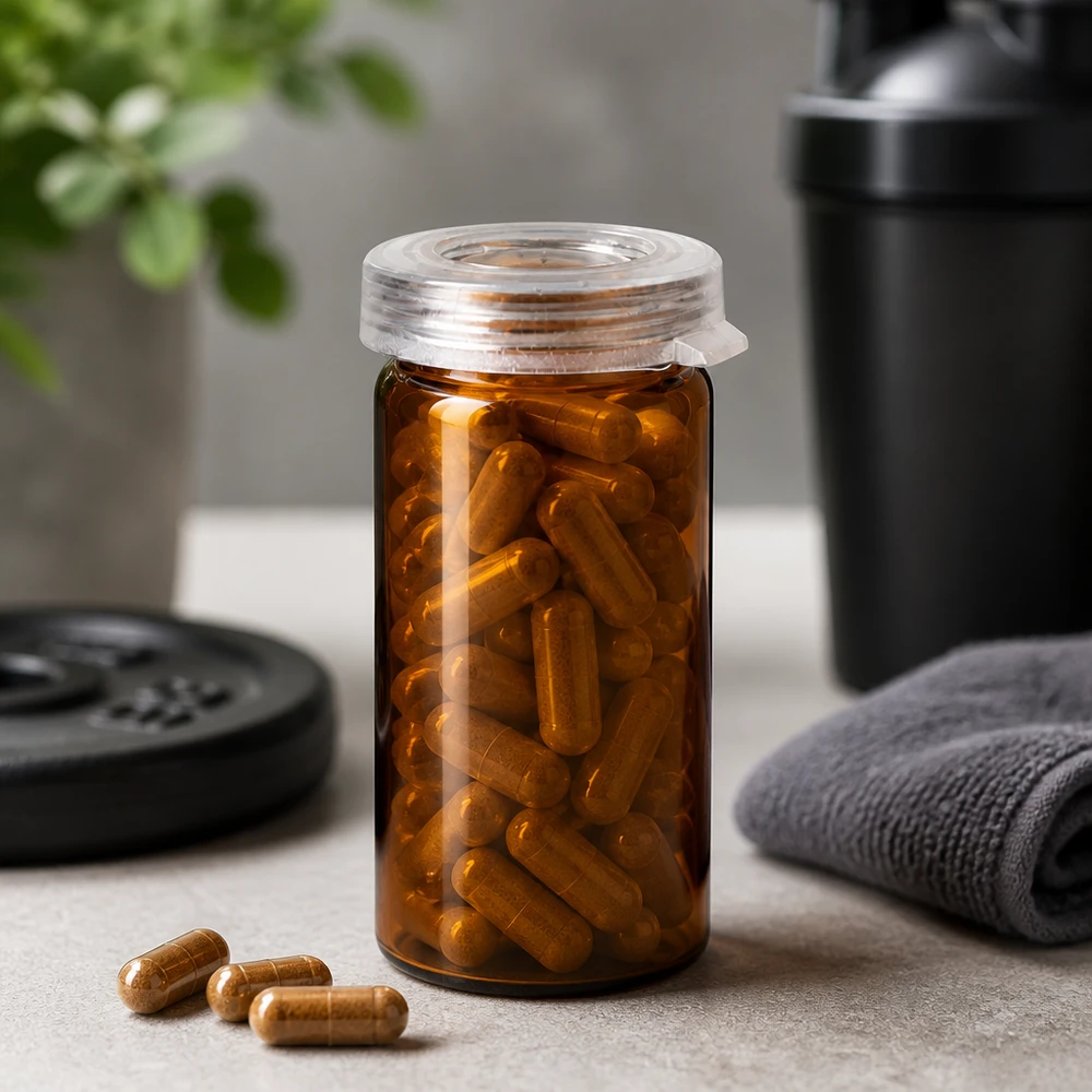 Pot à comprimés 5 ml en verre clair, avec bouchon à déclic Verre à bord roulé couleur ambre de 5 ml contenant des gélules de fitness brun doré, à côté d'un disque d'haltère et d'un shaker