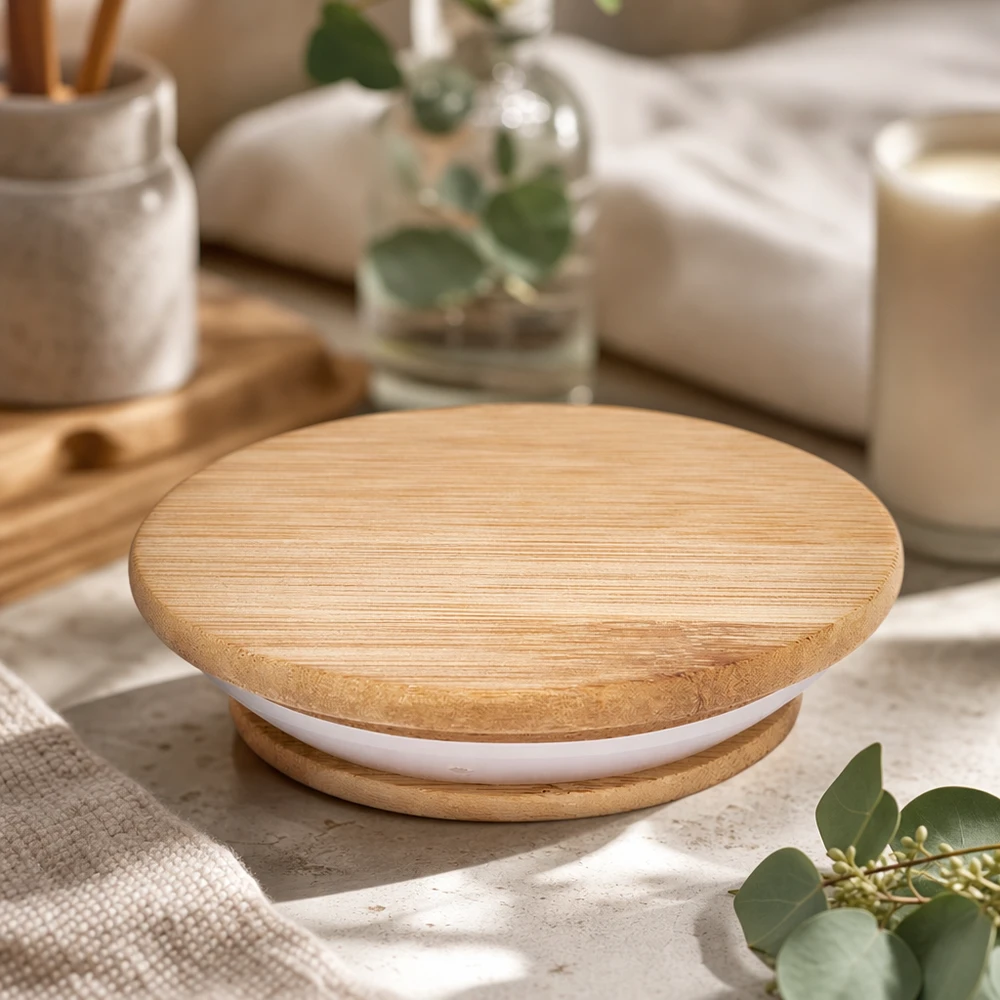Couvercle en bois version A WECK RR100 Lifestyle ambiance salle de bain décoration bois naturel blanc joint silicone