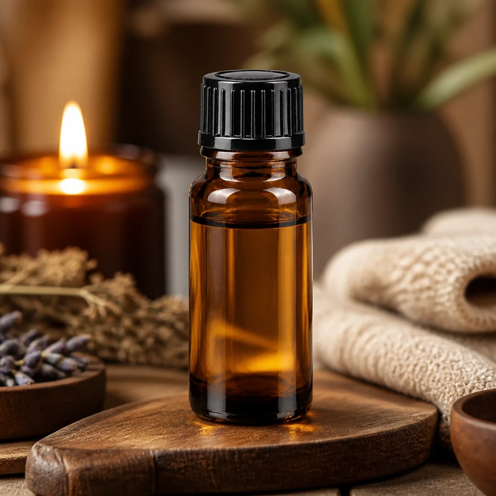 Flacon d'huile essentielle de 10 ml en verre ambré avec bouchon de sécurité noir pour enfants, posé sur une planchette en bois