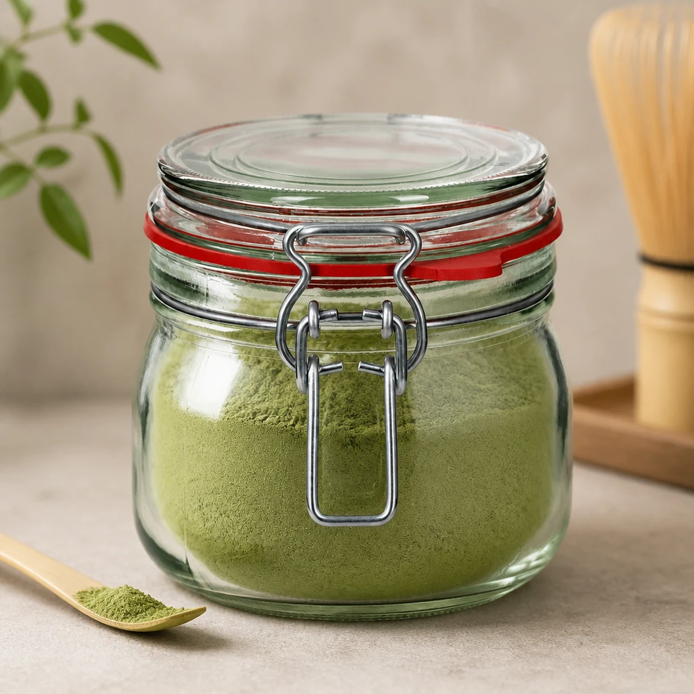 Verre de 634 ml avec fermeture à étrier rempli de poudre de Matcha verte pour une fraîcheur optimale