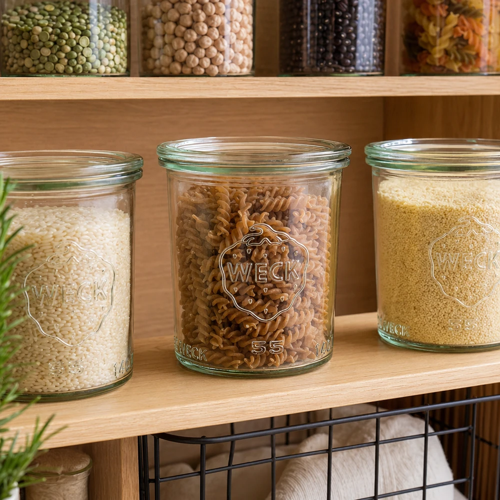 Bocal en verre de 140 ml avec couvercle en verre WECK RR60 WECK Gläser 140ml RR60 gefüllt mit Reis Nudeln Couscous in Vorratsregal Pantry Organisation Küchenschrank
