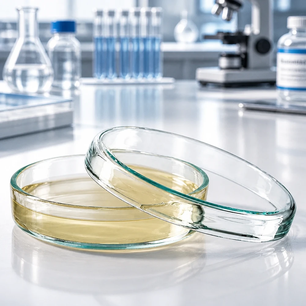 Boîte de Petri en verre 70x15 mm Boîte de Pétri en verre de 70 x 15 mm contenant un milieu de culture jaune clair et munie d'un couvercle, dans un laboratoire scientifique