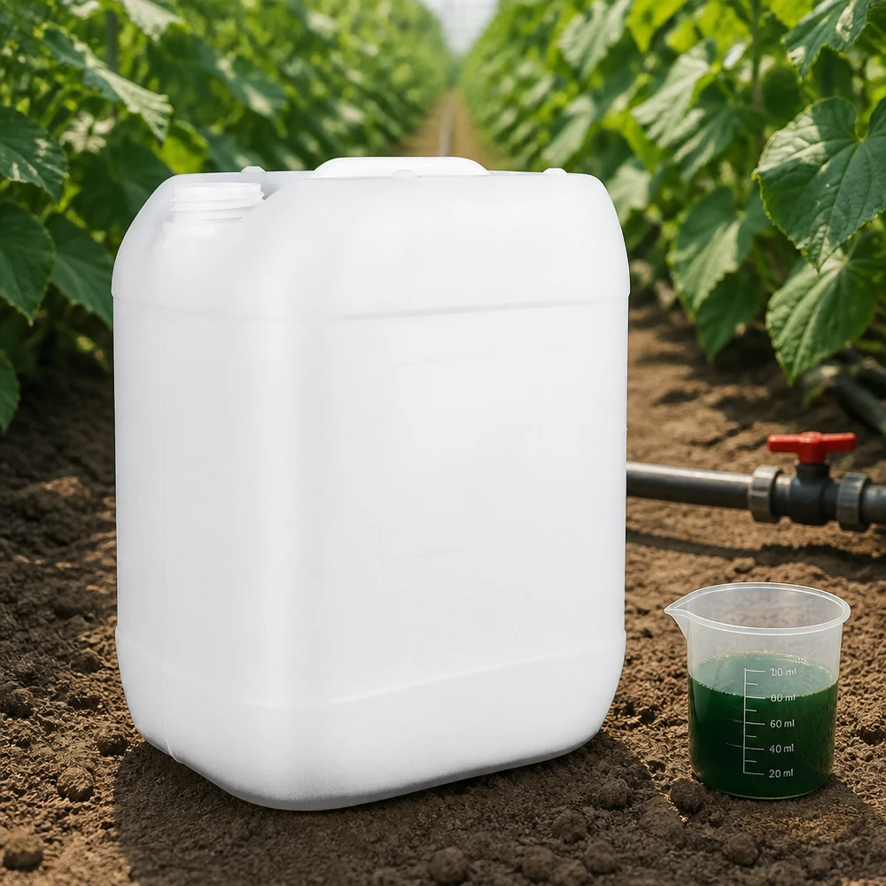 Concentré d'engrais pour plantes vertes dans un gobelet doseur, à côté d'un bidon de 20 litres sans bouchon, dans la serre