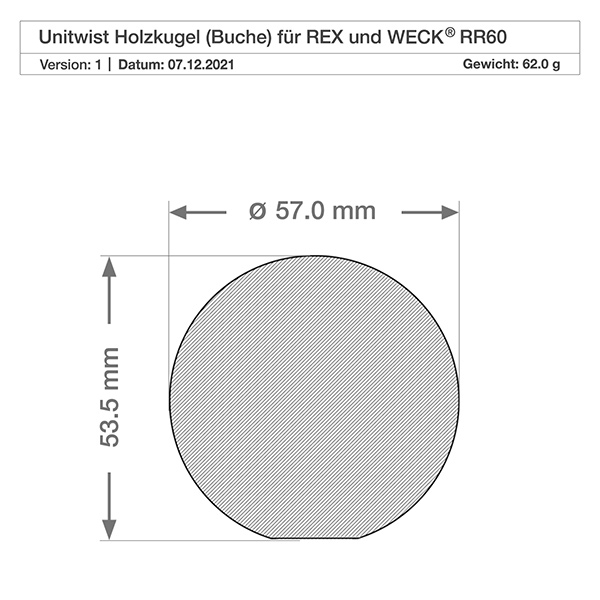 Dessin technique Sphère en bois de hêtre Couvercle WECK RR60 600ml verre Dimensions 57mm diamètre 63,5mm hauteur Poids 62g