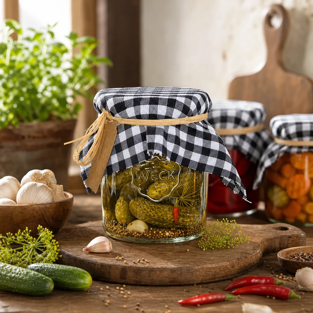 Couvercles décoratifs à carreaux sur des bocaux de conservation avec des cornichons et de la confiture dans une cuisine rustique Idée de décoration 15cm anguleux