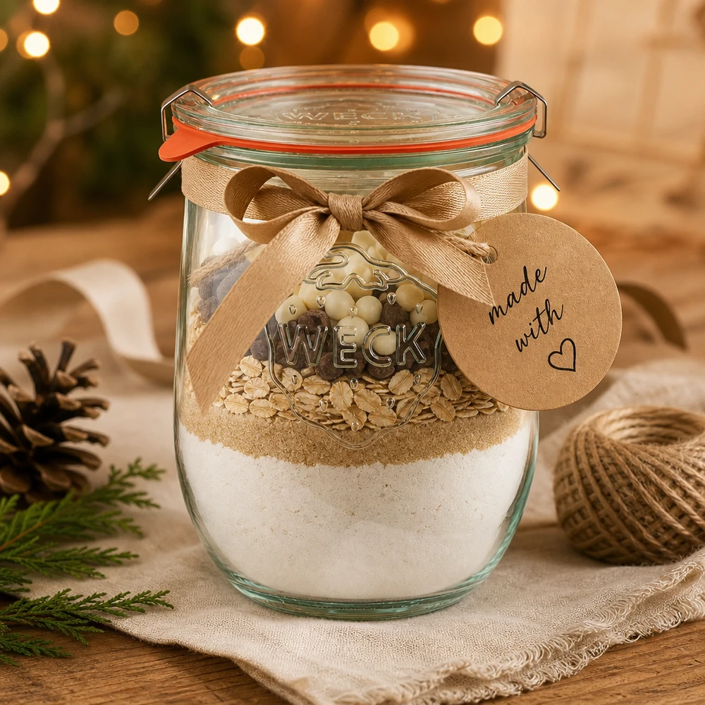 WECK Pot tulipe 1062ml RR100 comme emballage cadeau avec ruban de mélange de biscuits et pendentif Made with Love pour Noël