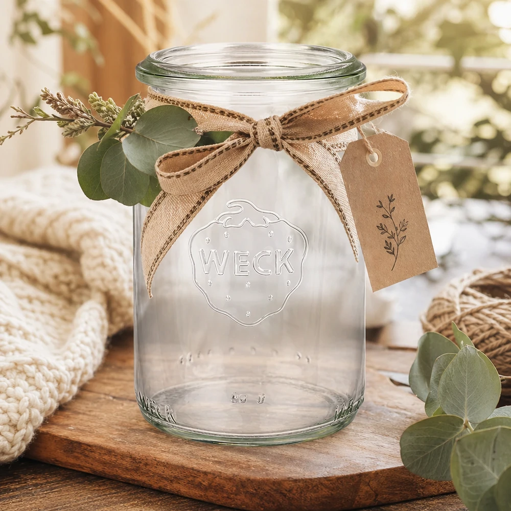 145ml bocal cylindrique WECK RR40 WECK Pot cylindrique 145ml RR40 avec ruban et pendentif décor rustique sur planche en bois avec eucalyptus