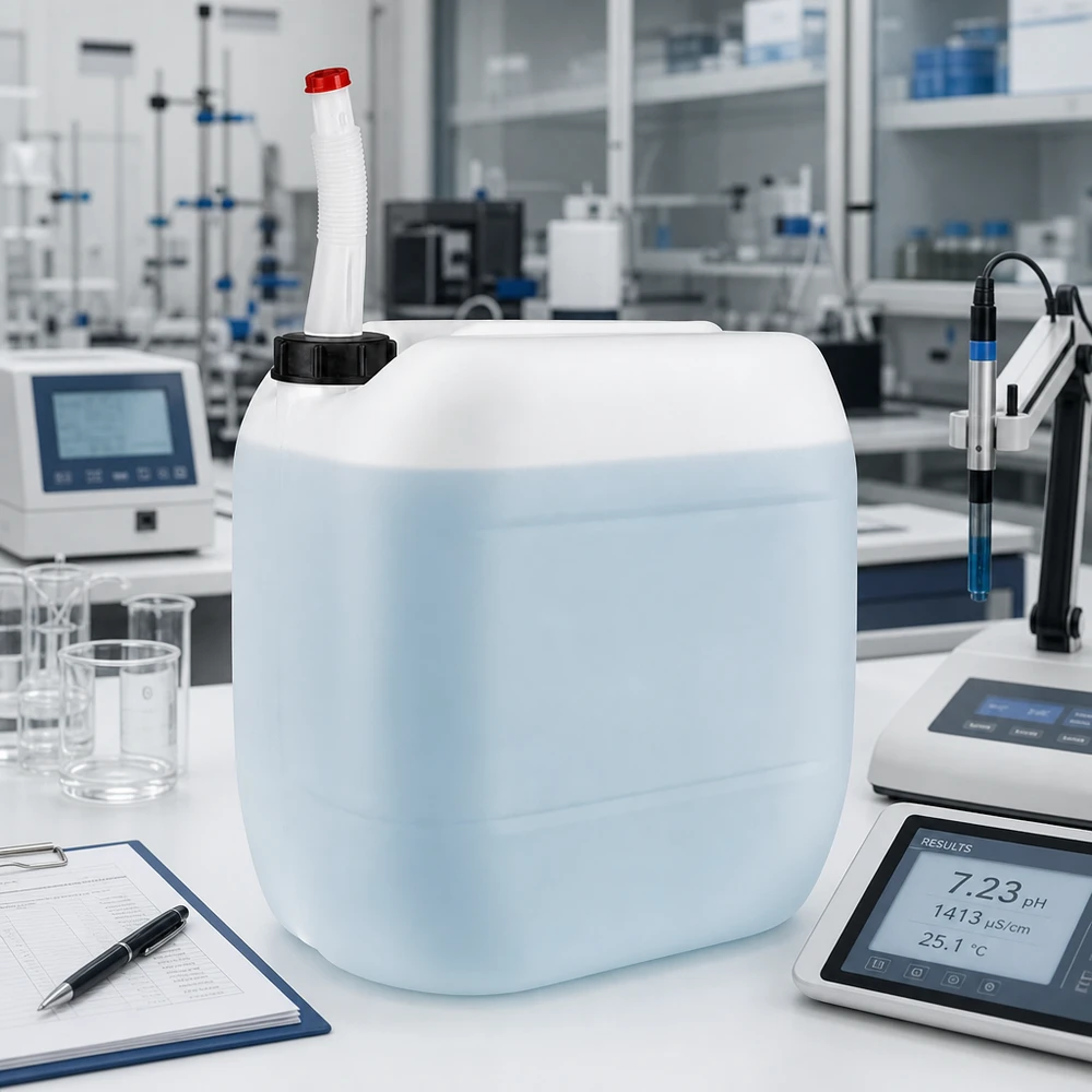 Bidon en PEHD de 30 litres avec bec verseur flexible et bouchon de sécurité rouge, utilisé en laboratoire