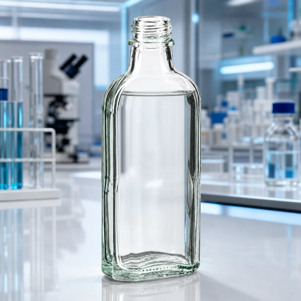 Flasque transparente de 100 ml au goulot DIN 22 Flacon Meplat plat de 100 ml, en verre transparent, avec filetage DIN 22, destiné aux applications pharmaceutiques