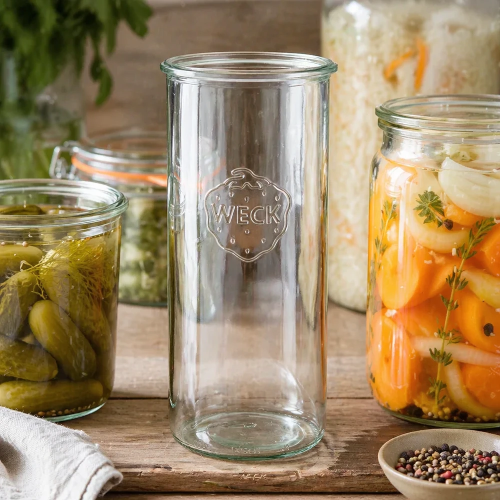 WECK Pot de 1500ml RR100 vide à côté de bocaux remplis de légumes et d'épices sur une table en bois