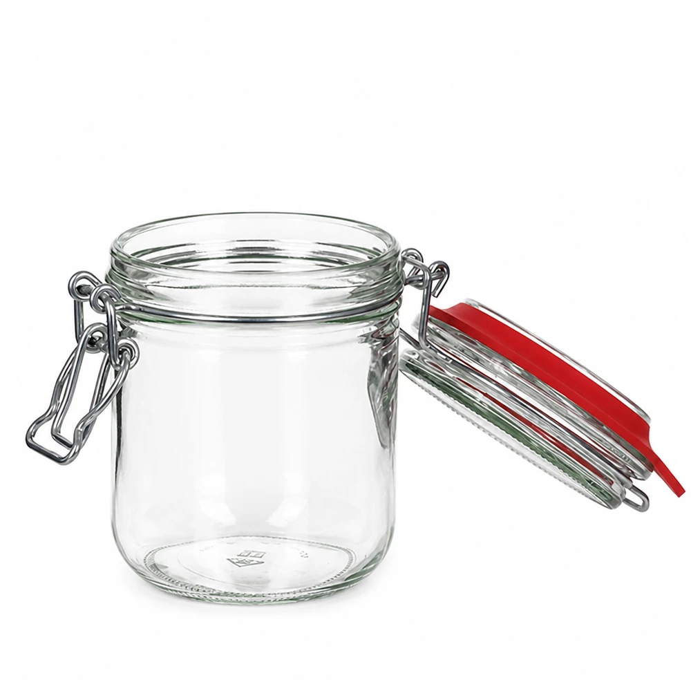 Bocal de conservation de 400 ml, type G, avec bouchon à clip UN.. Boîte de conservation en verre transparent de 400 ml avec joint en caoutchouc rouge et fermeture à anse métallique pour un stockage étanche à l'air