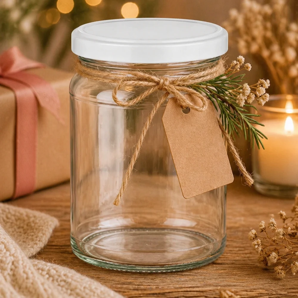 205ml Rundglas mit weißem Deckel als Geschenkverpackung dekoriert mit Juteschnur und Geschenkanhänger