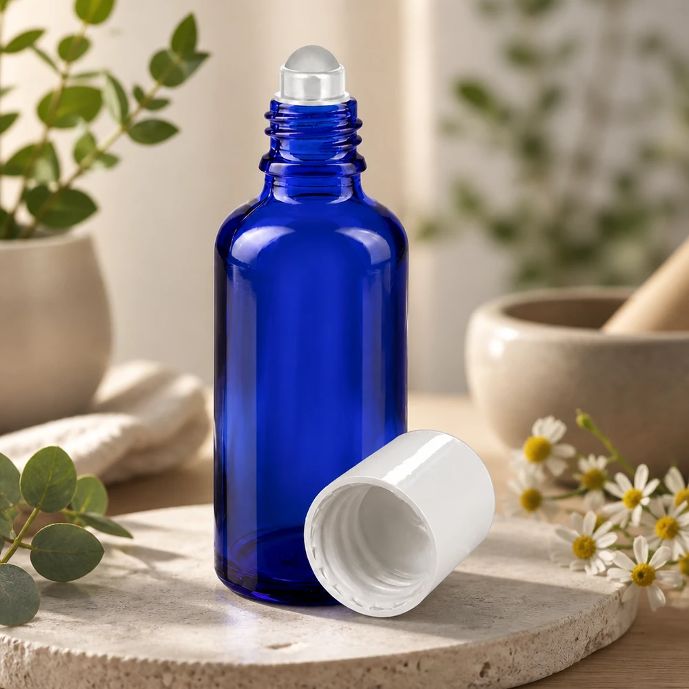 Flacon en verre bleu de 50 ml avec bille roulante et bouchon blanc, posé sur une pierre naturelle devant un décor à base d'herbes aromatiques
