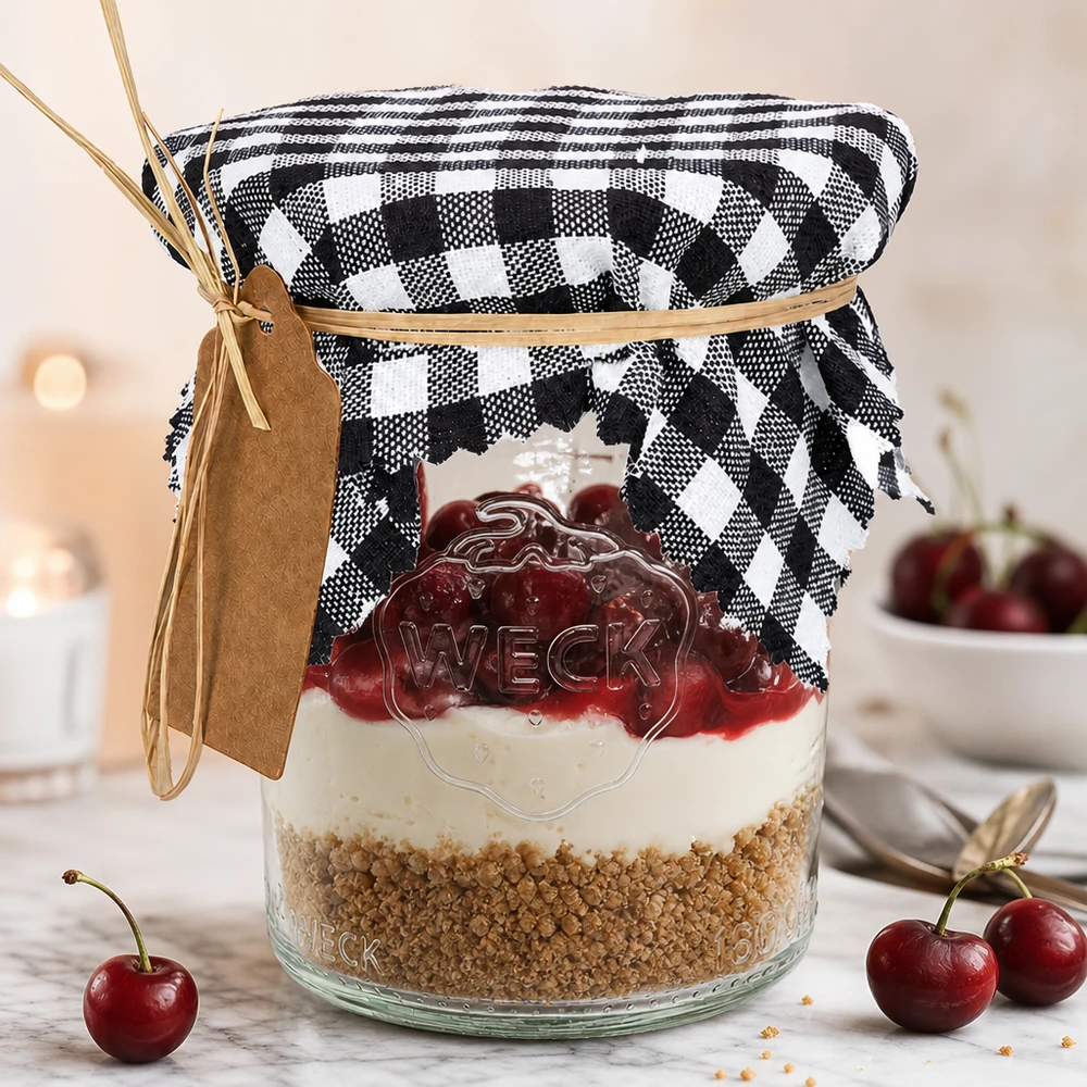 Vichy-couvercle en tissu noir et blanc sur verre à dessert avec cerises, couvercle de verre décoratif 12cm carré